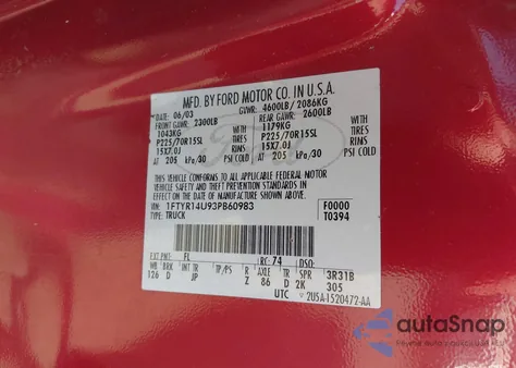 2003 Ford Ranger Edge/Tremor/Xl/Xlt from USA, damaged, VIN 1FTYR14U93PB60983